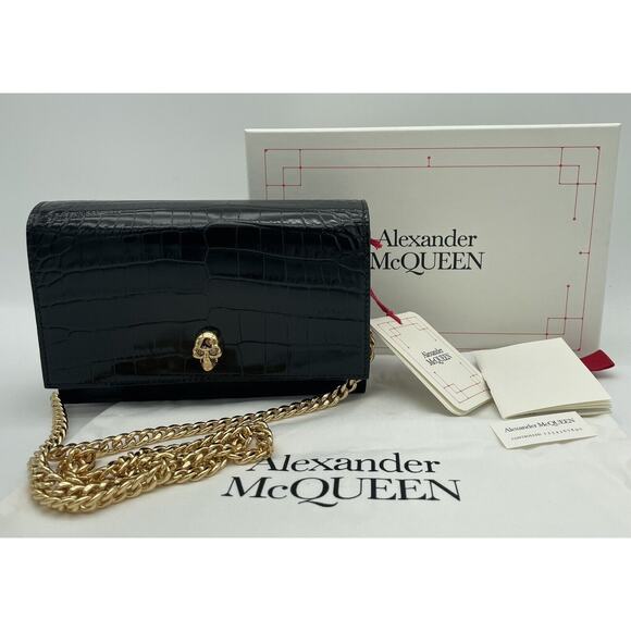 NEW ALEXANDER MCQUEEN BLACK LEATHER SKULL CROC CHAIN BAG PURSE NWT BOX - Picture 3 of 12